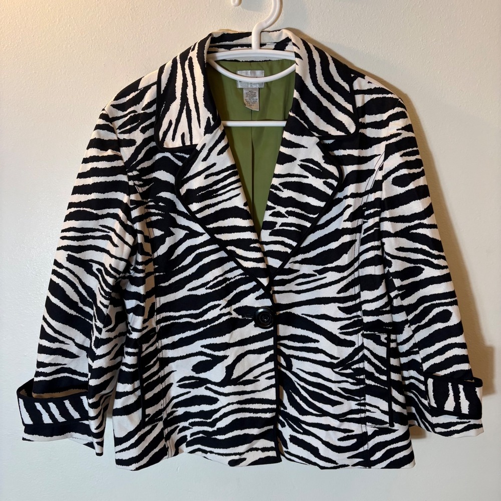 Chico's Zebra Print Blazer Size 1 (M) Black White Animal Pattern Jacket